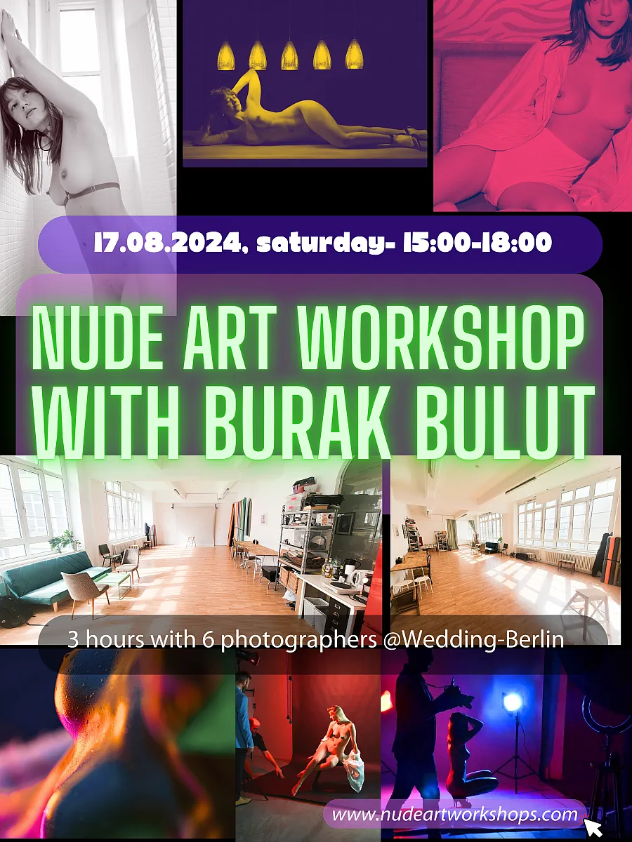 Affiche de collage d'espaces d'atelier et d'études de figures nues stylisées dans une lumière dramatique